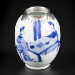 A porcelain caddy decorated with a scene of 2 figures playing at a table, with silver mount. China,
