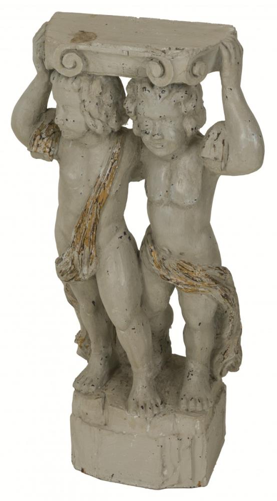 A wooden sculpture of putti carying a capitel, partly gilded, 17th C.