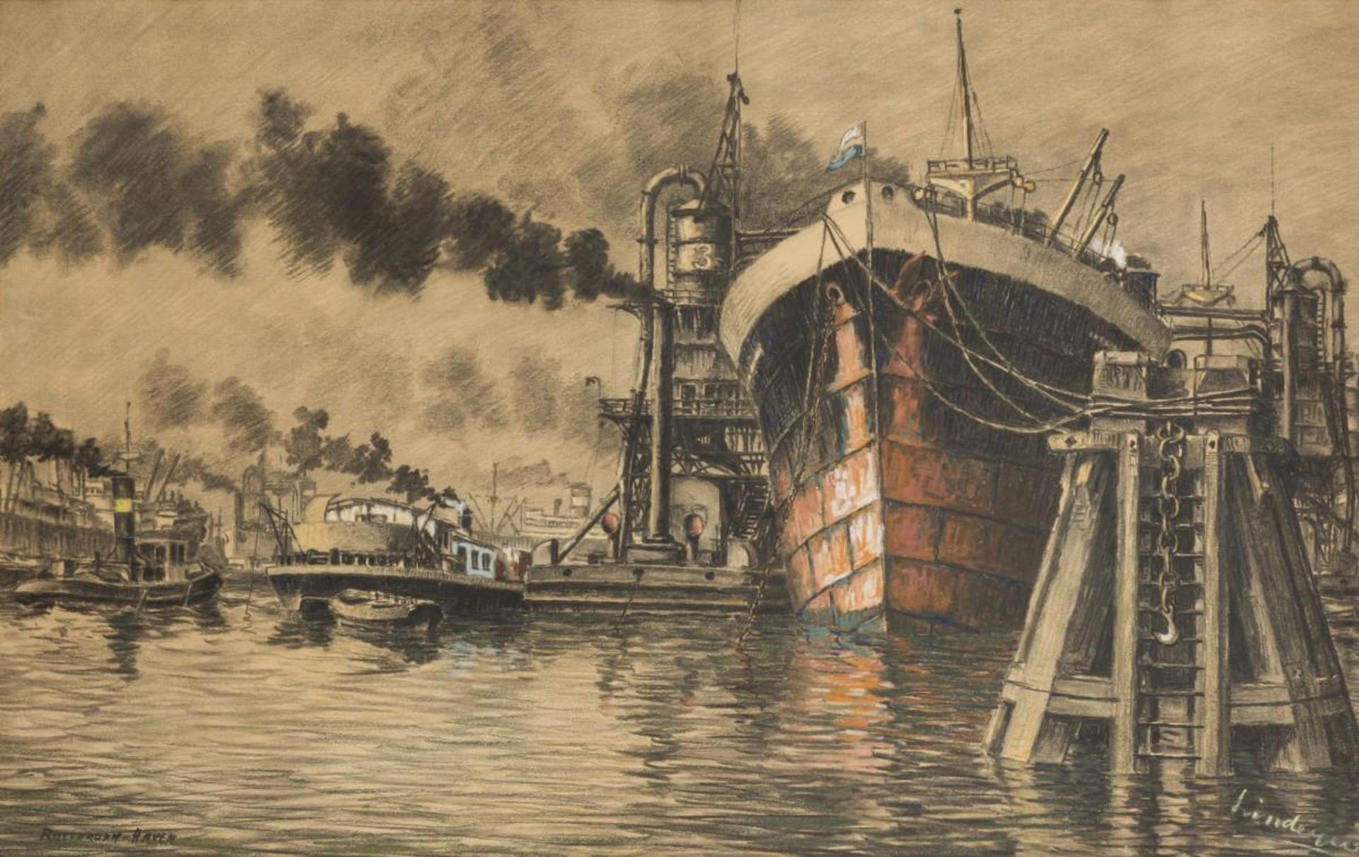 Jaap Lindeijer (Rotterdam 1896-1976), View of Rotterdam harbour..