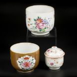 2 Famille Rose porcelain sugar canisters and a smaller lidded canister. China, 18th century