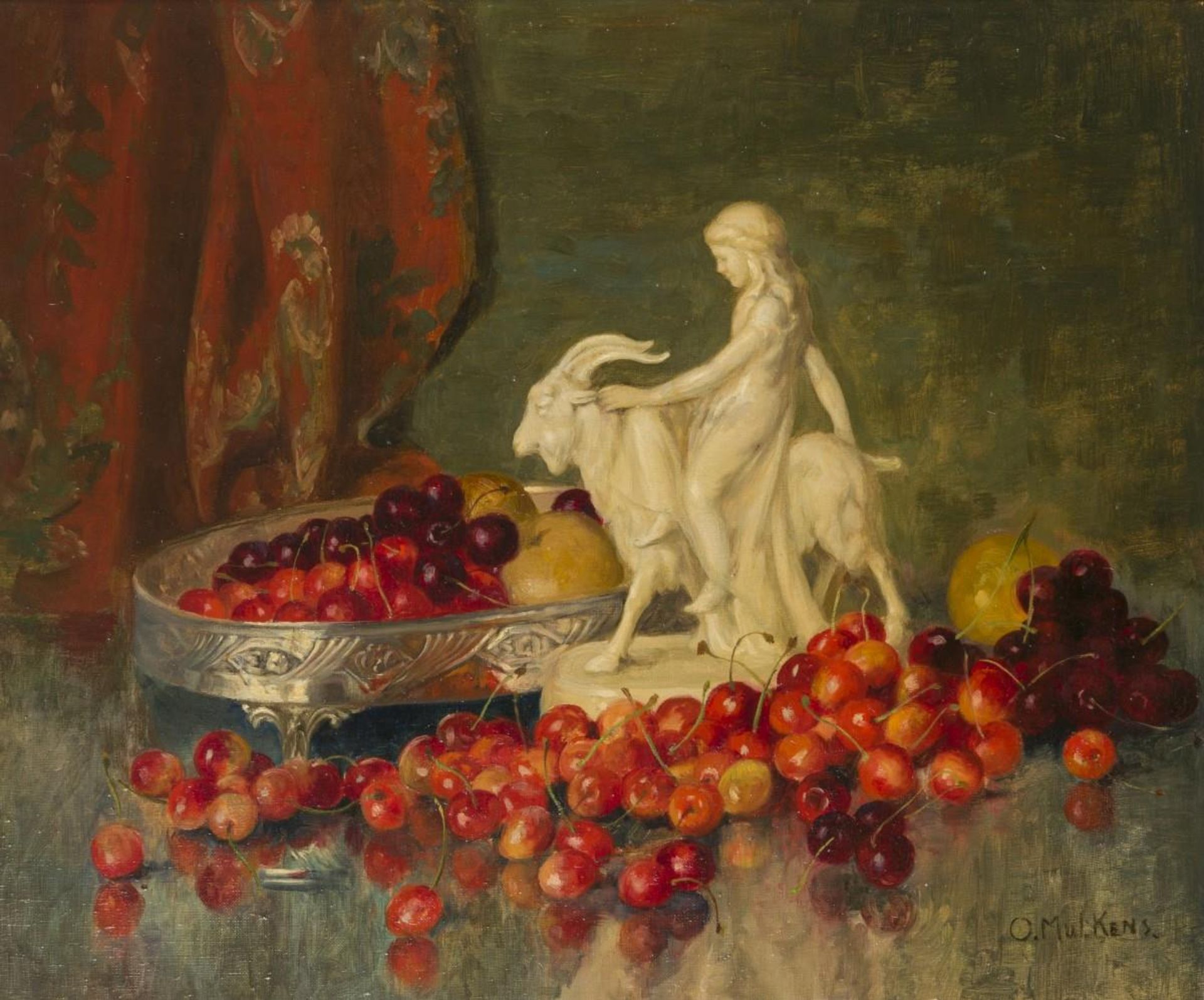 Belgian School, ca. 1920, A still life with corquery and cherries on a table top.