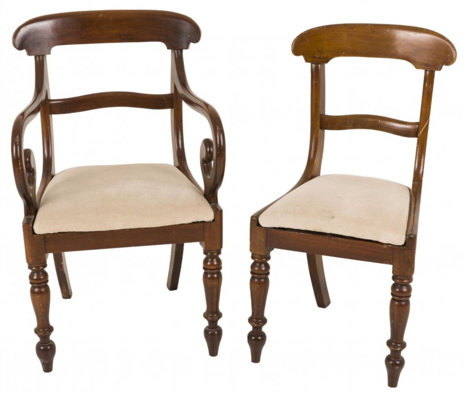 A set of 10 Regency style mahogany dining chairs with beige upholstery, two of which with arm rests. - Bild 2 aus 2