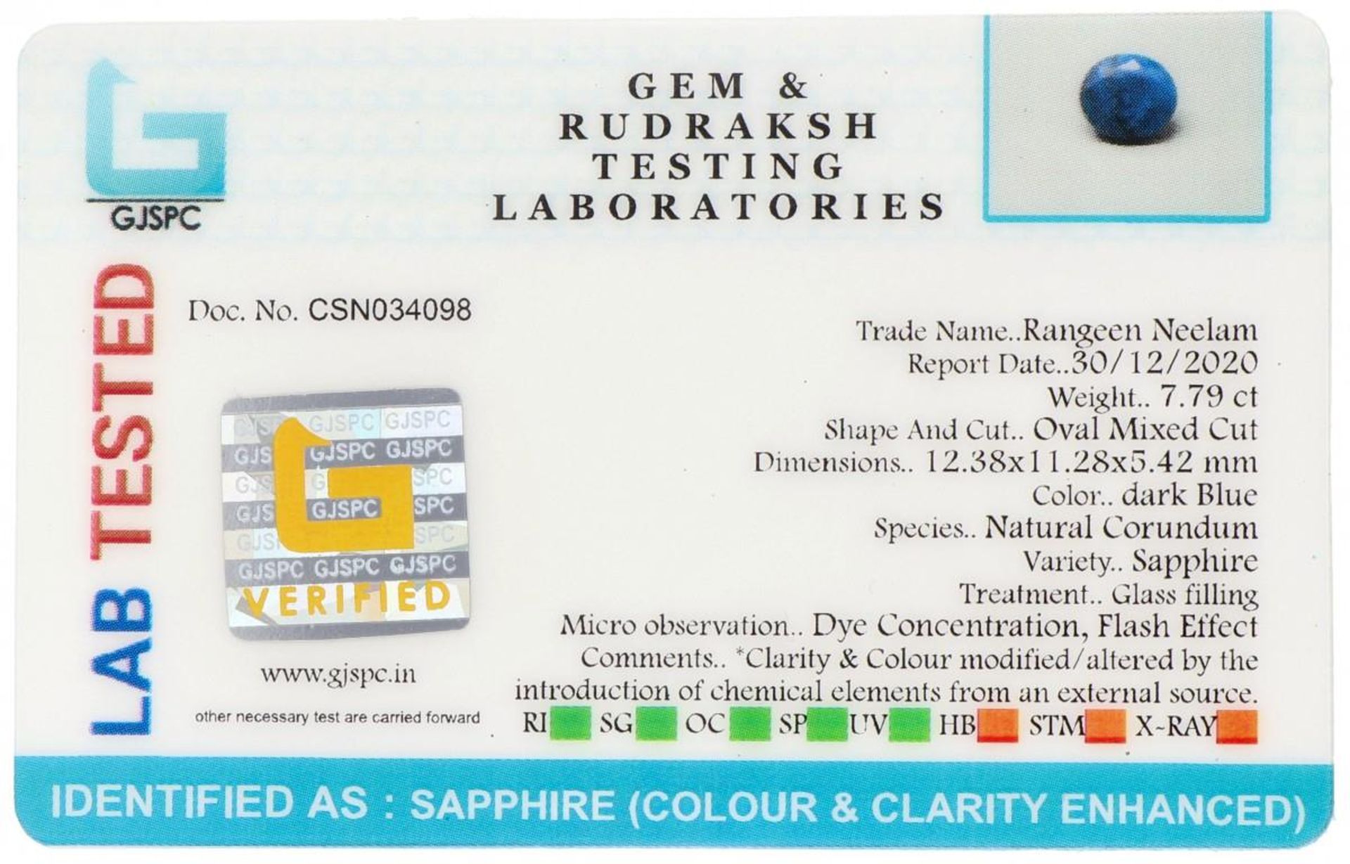 GJSPC Certified Natural Sapphire Gemstone 7.79 ct. - Image 3 of 3