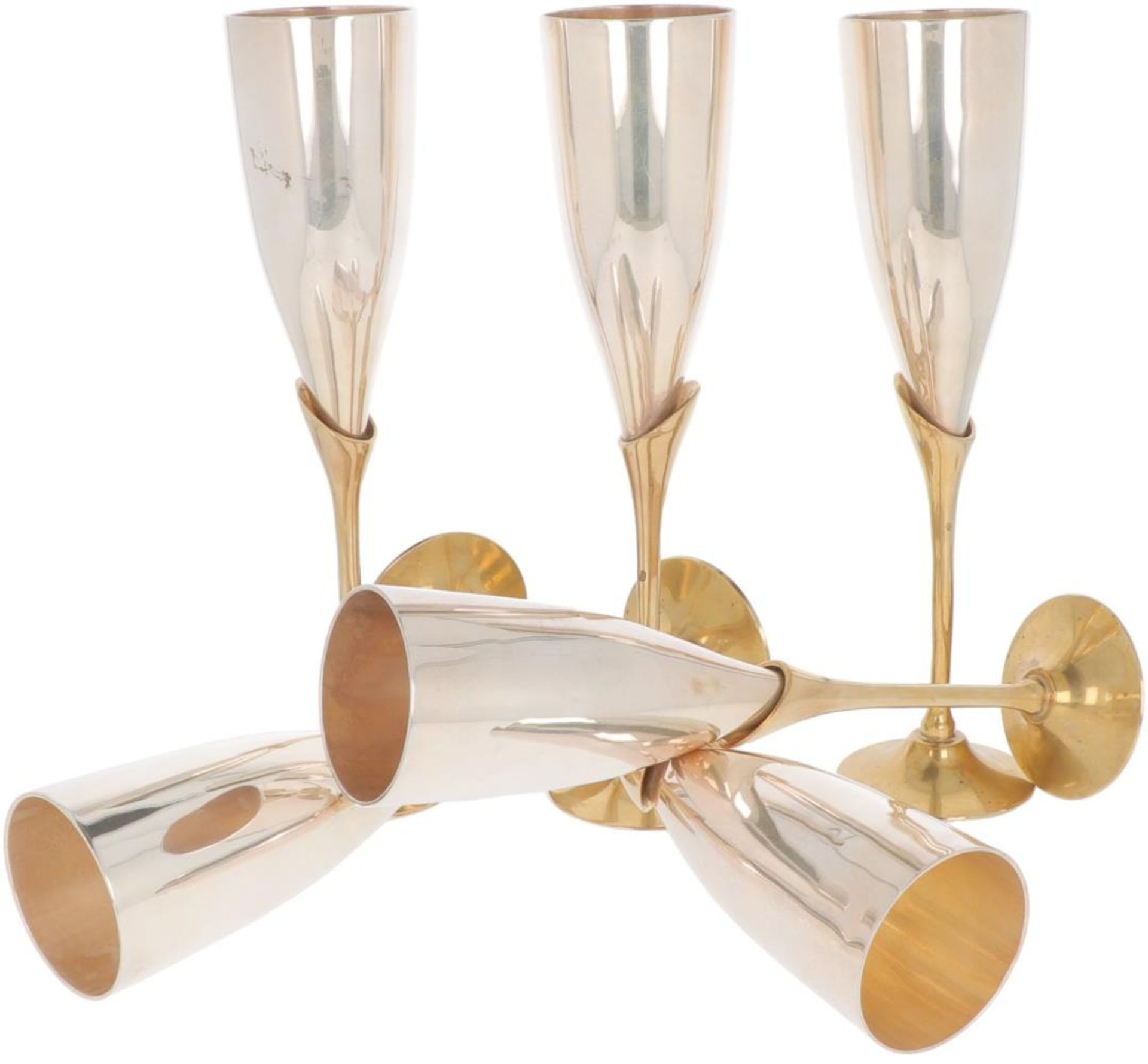 (6) piece set champagne flutes silver plated.