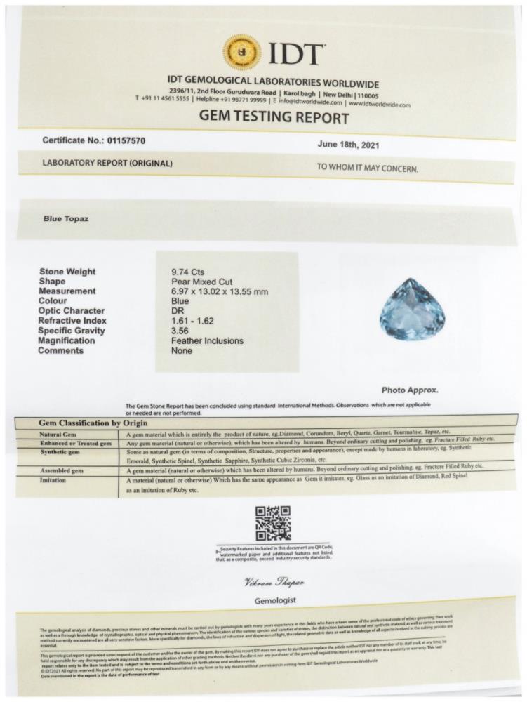 IDT Certified Natural Topaz Gemstone 9.74 ct. - Image 3 of 3