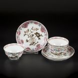 A set of (4+3) porcelain famille rose cups and saucers. China, 18th century.