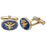 18K. Yellow gold Franklin Mint Fabergé lapis lazuli cufflinks with the 'Imperial Eagle'.