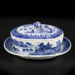 A porcelain oval butter dish with saucer with river landscape decor. China, Qianlong 18th century