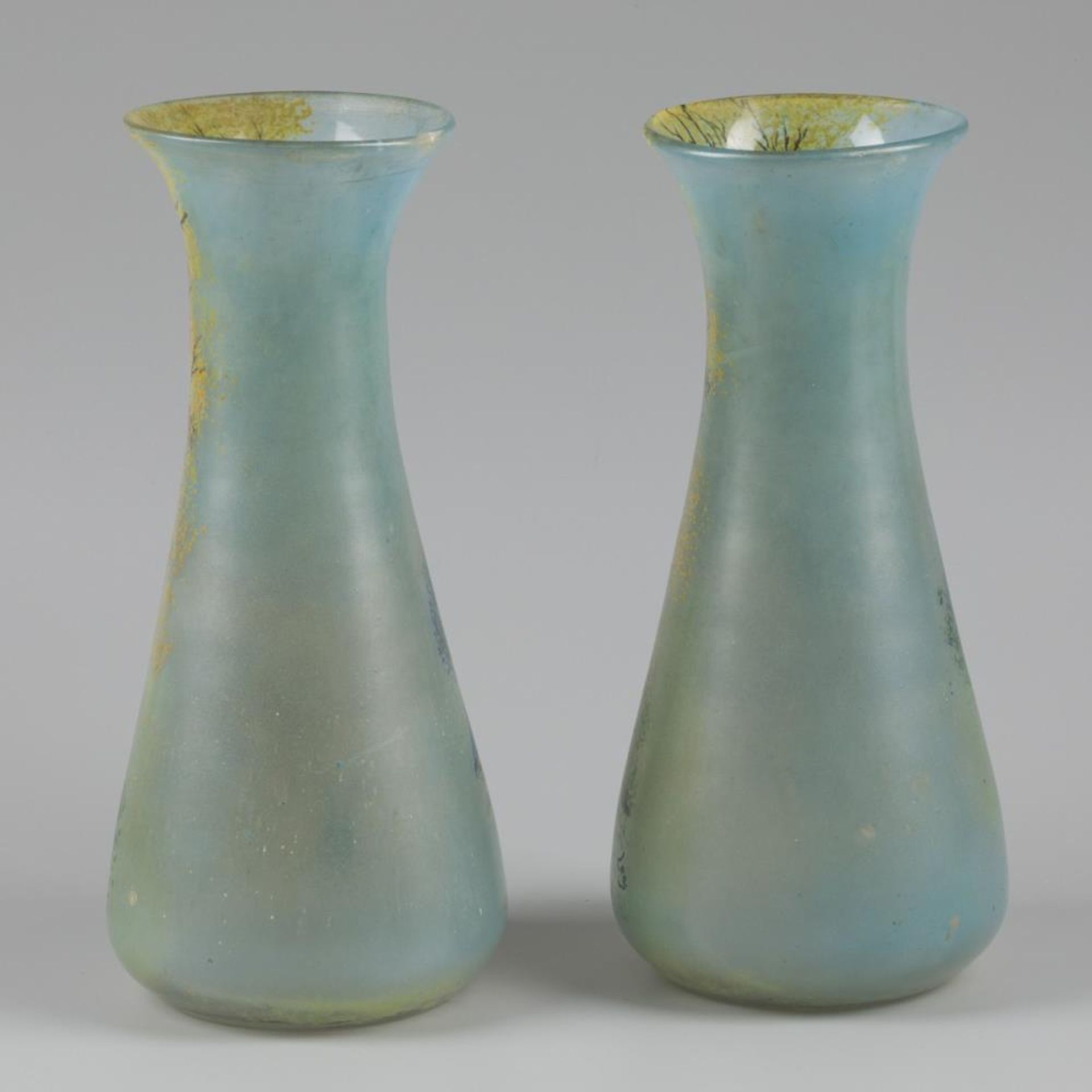 A set of (2) cold-painted glass vases decorated with a landscape. François-Théodore Legras( 1839- 19 - Image 2 of 3