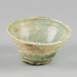 A glass bowl, archeological finding, Ancient Roman, 3rd century CE and later.