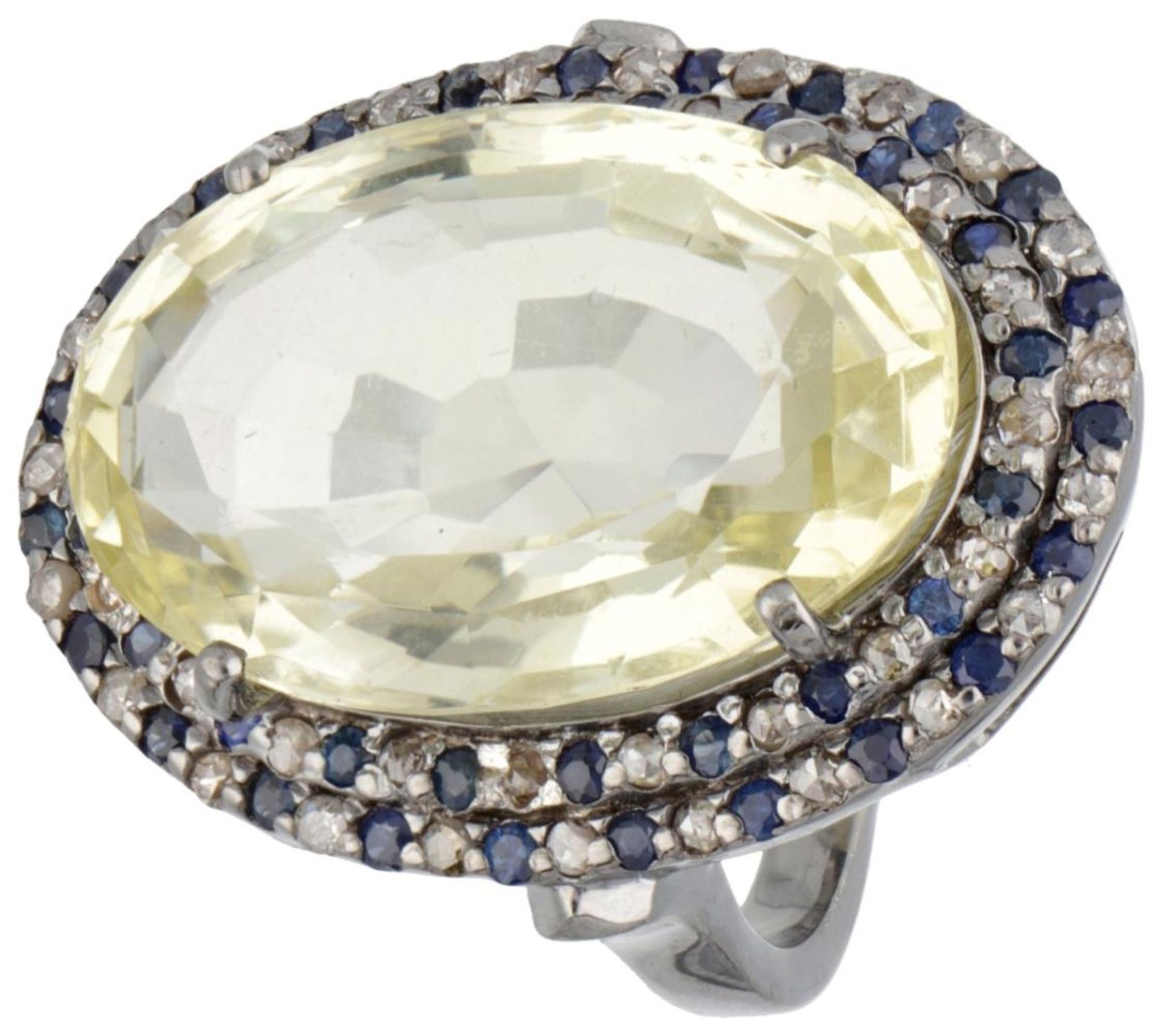 Sterling silver ring set with citrine, sapphire and diamond.