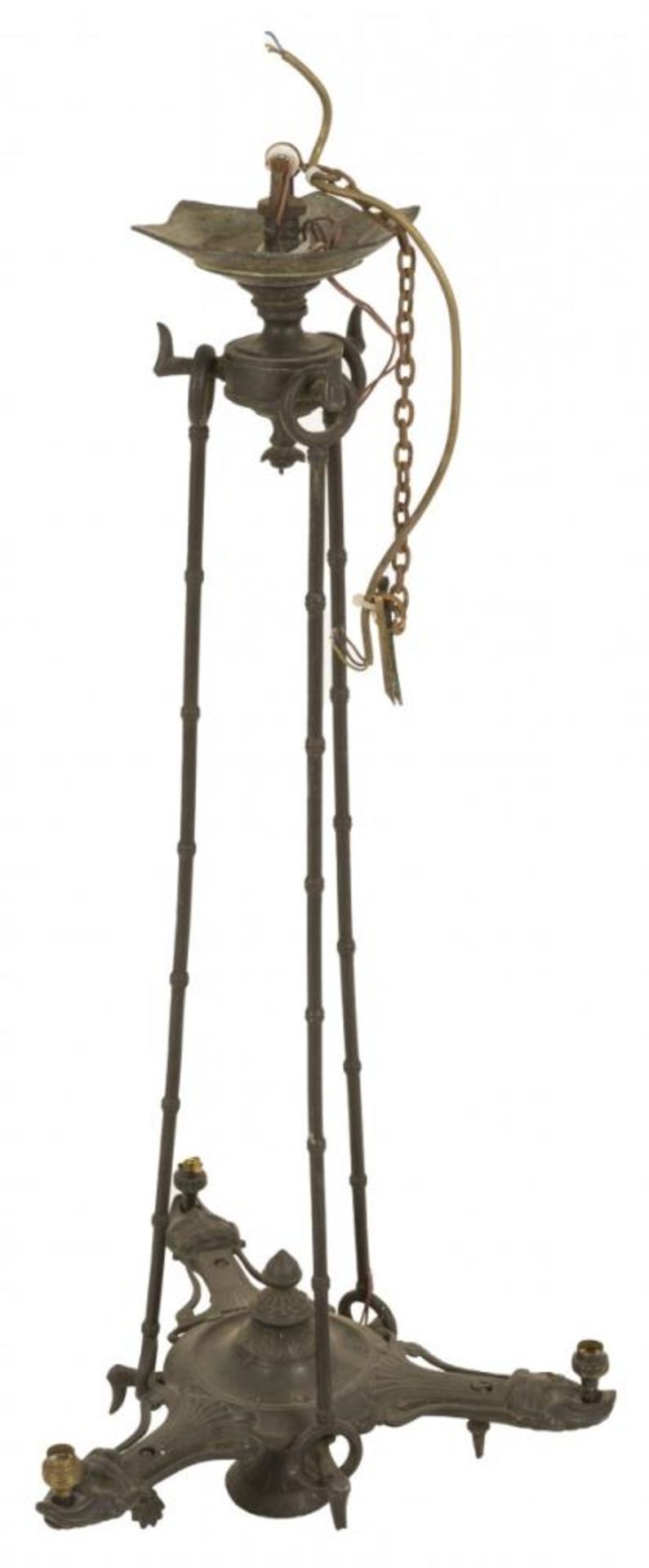 A bronze three-light pendant lamp, France, 2nd quarter 20th century.