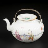 A porcelain famille rose teapot decorated with various figures. China, Republic period.