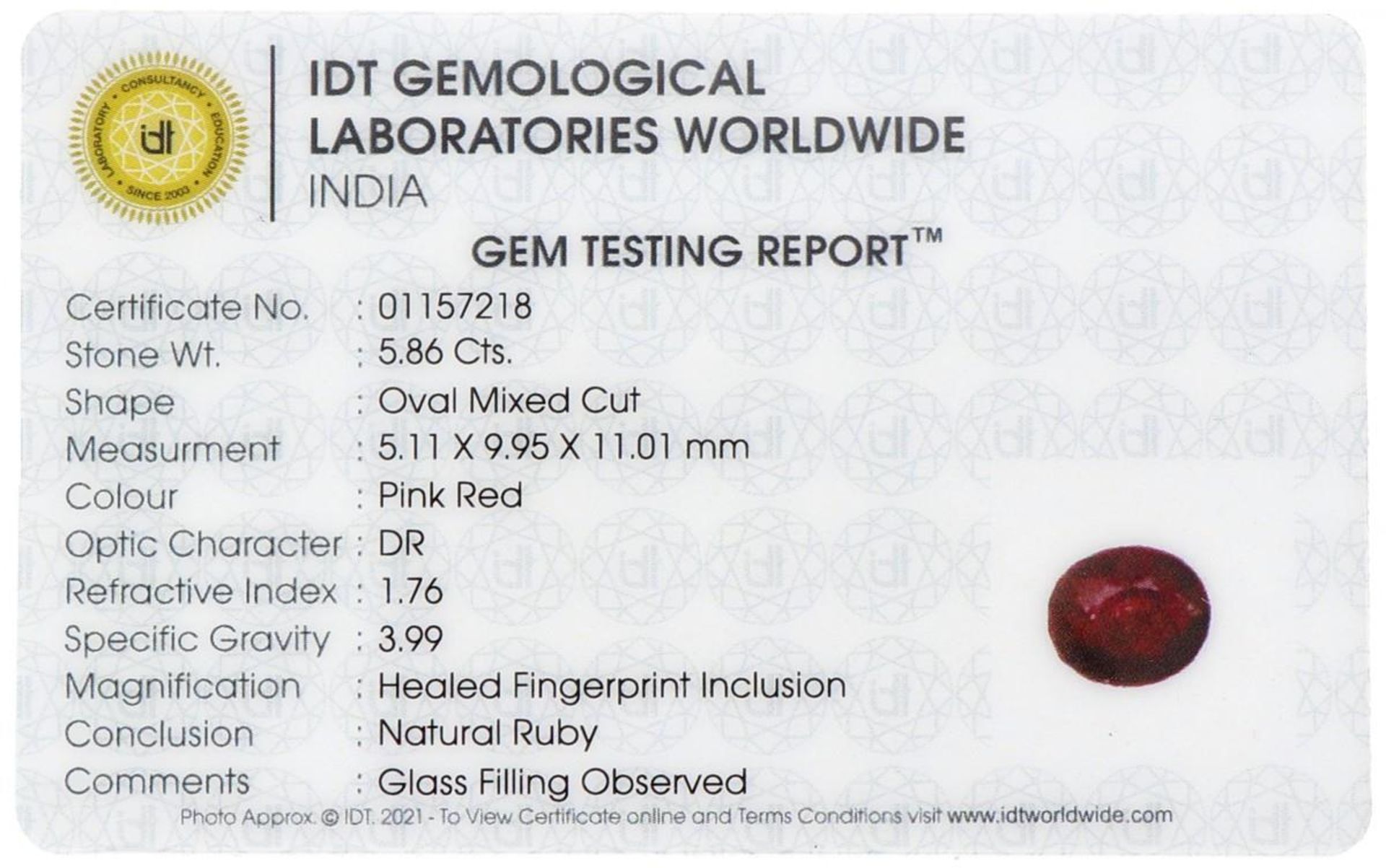 IDT Certified Natural Ruby Gemstone 5.86 ct. - Bild 3 aus 3