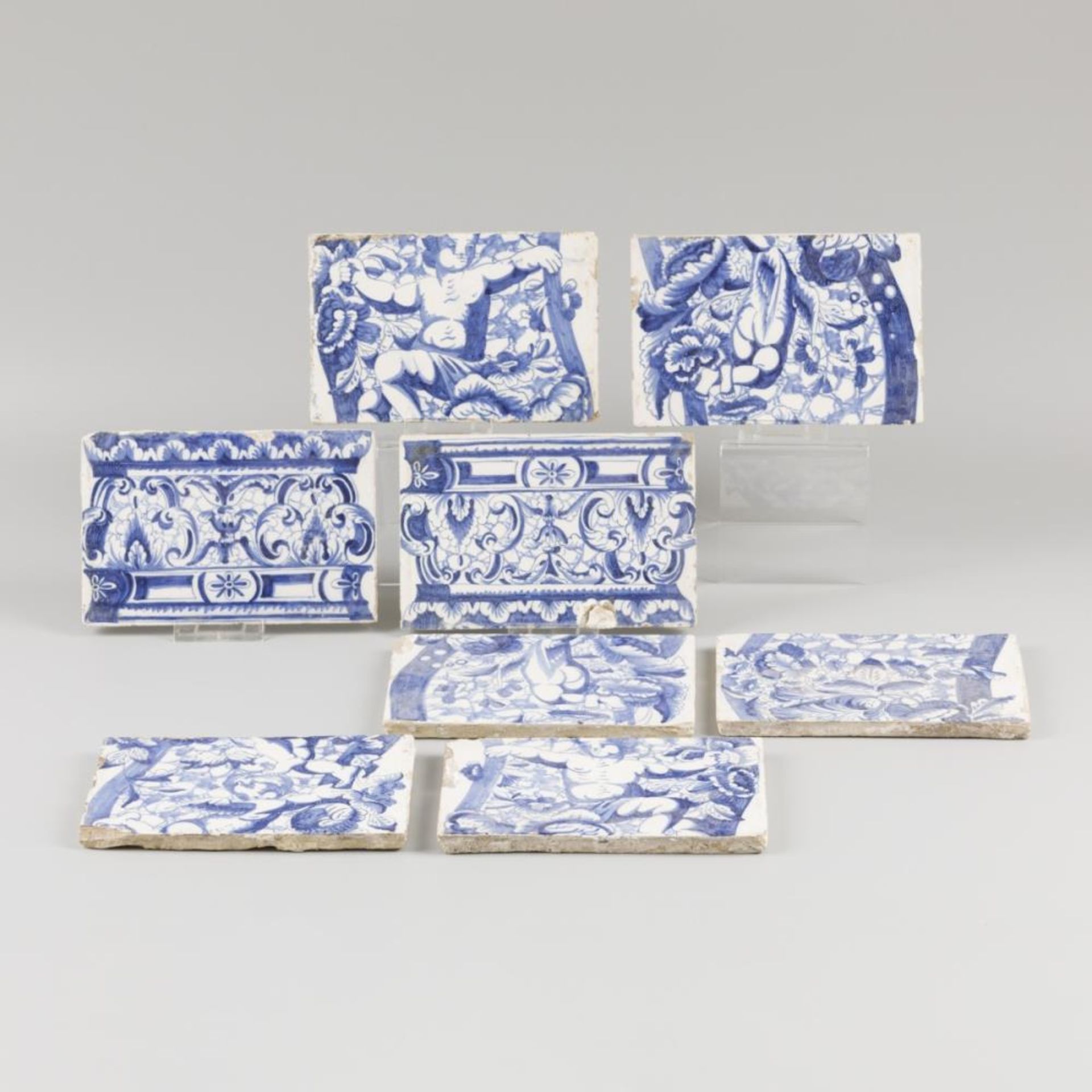 A lot comprising (8) various tiles, parts of a larger tile scene, Dutch, 2nd half 17th century.