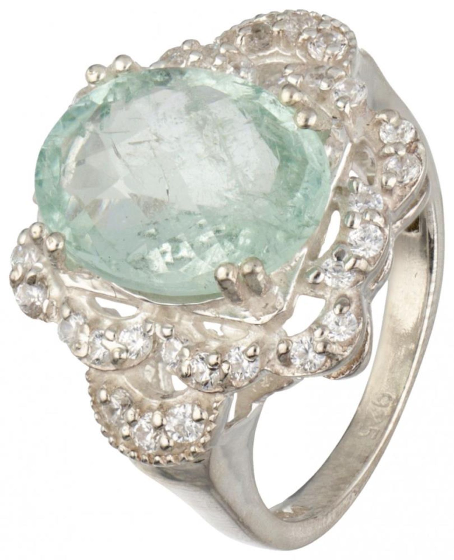 Sterling silver ring set with aquamarine and white stones.