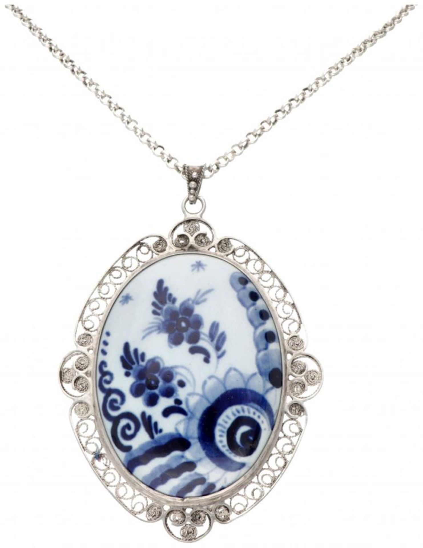 Sterling silver necklace and vintage filigree pendant with Delft blue ceramic.
