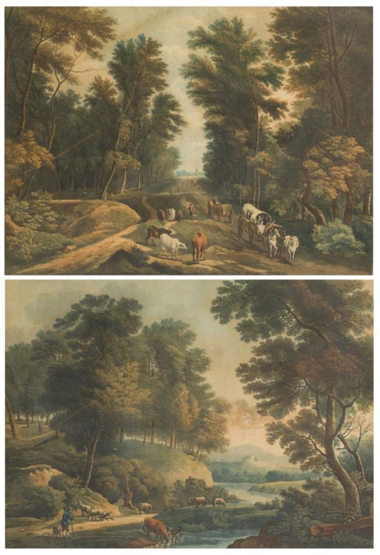A set comprising (2) engravings, coloured (forest) landscapes, England.