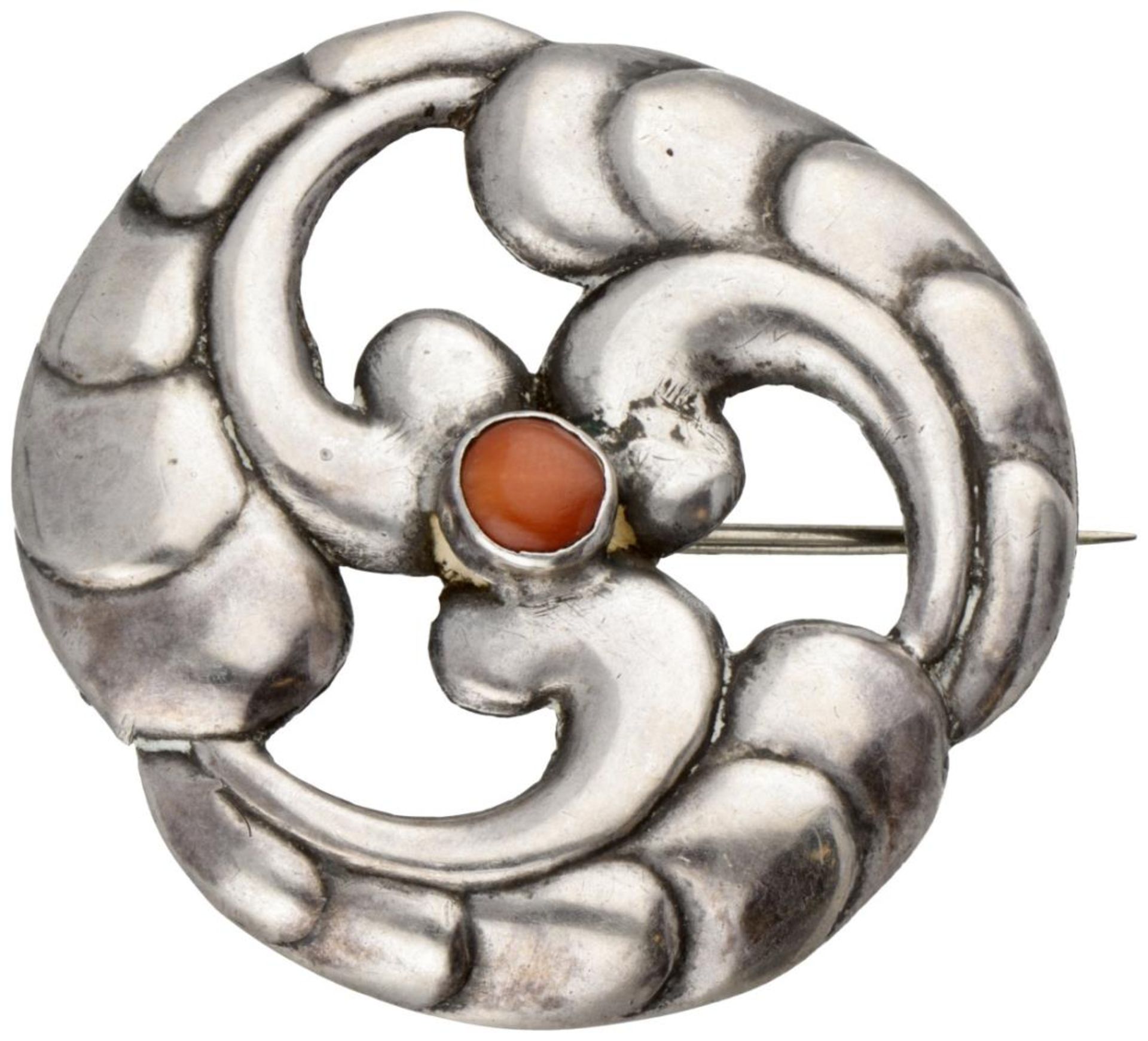 Sterling silver Danish design Skonvirke brooch set with red coral.