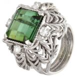 18K. White gold cocktail ring set with approx. 7.65 ct. natural bicolor tourmaline and approx. 0.40