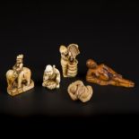 A lot of (5) netsuke's including 3 made in ivory. Late 19th century.