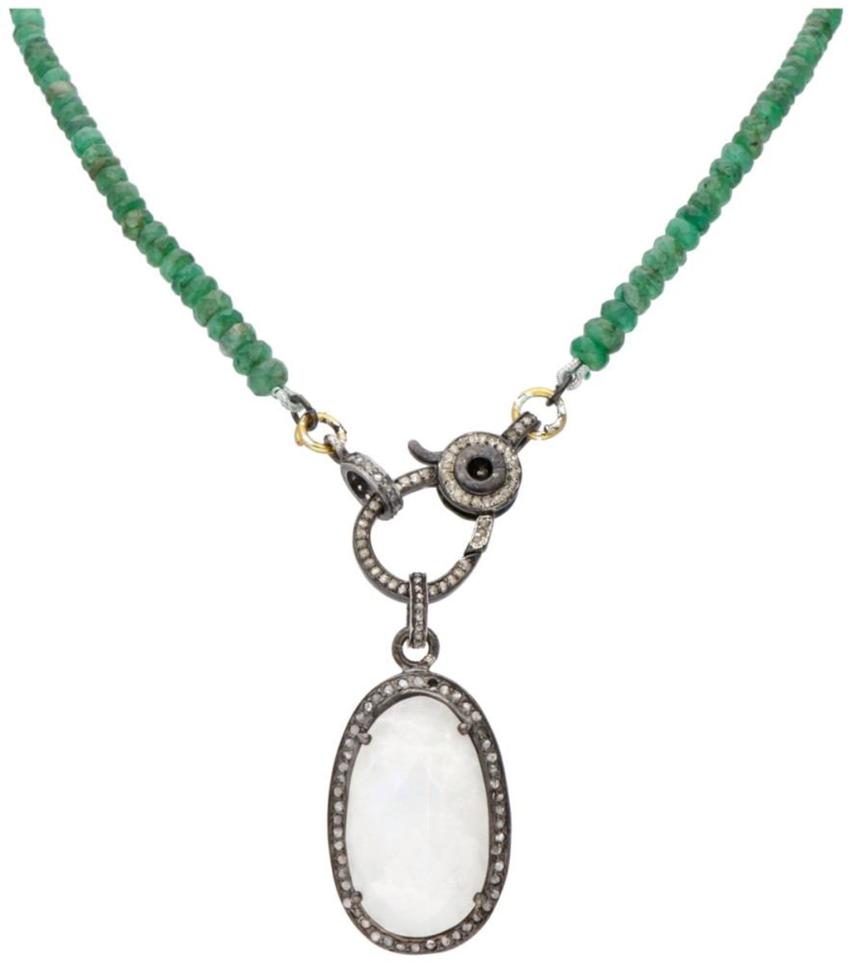 Necklace with a sterling silver closure/pendant set with moonstone and diamond.
