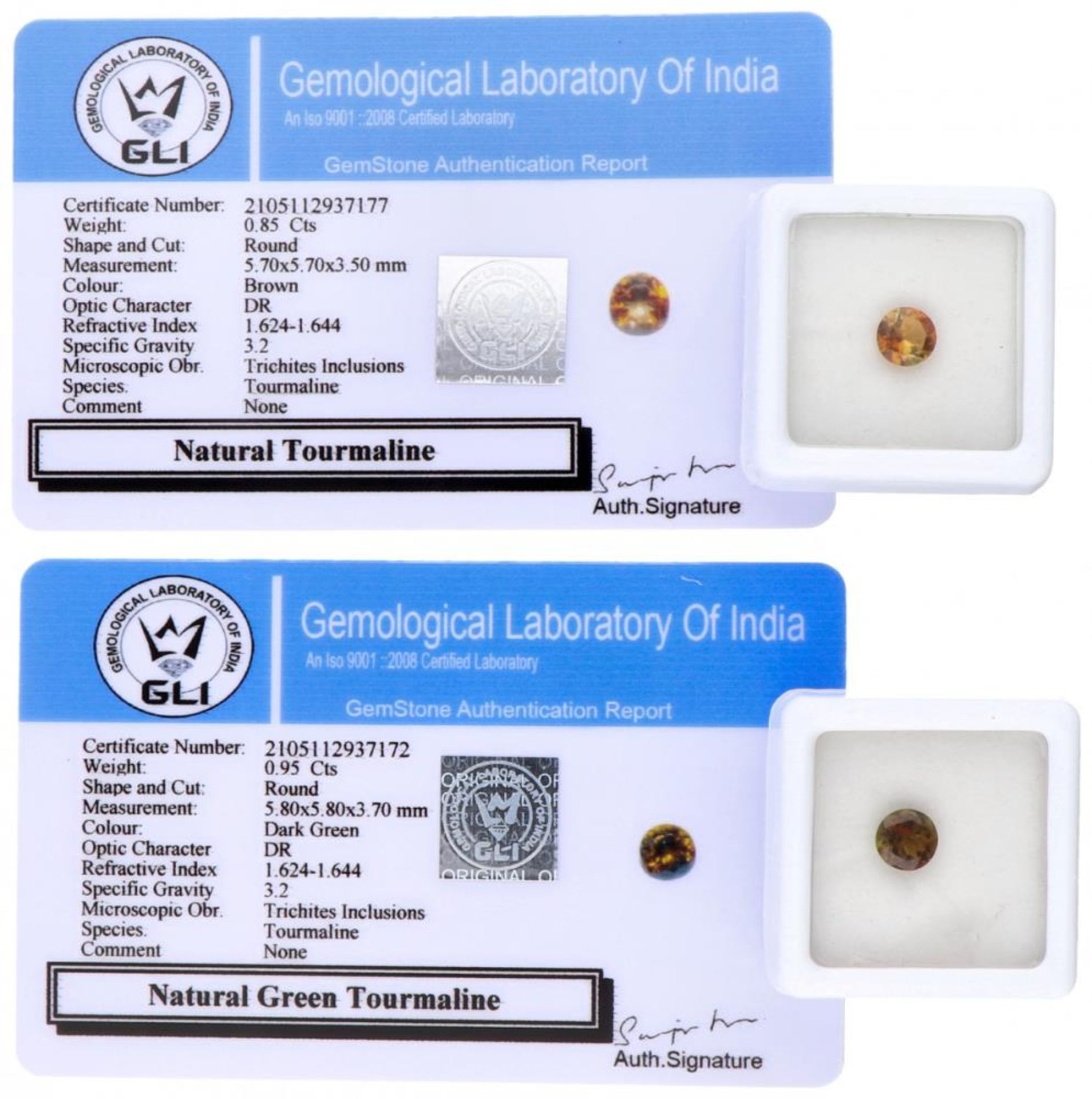 Two GLI Certified Natural Tourmaline Gemstones of 0.95 ct. and 0.85 ct. - Bild 3 aus 3