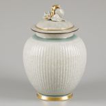 A celadon-style porcelain lidded jar, marked Royal Copenhagen. Denmark, 1937.