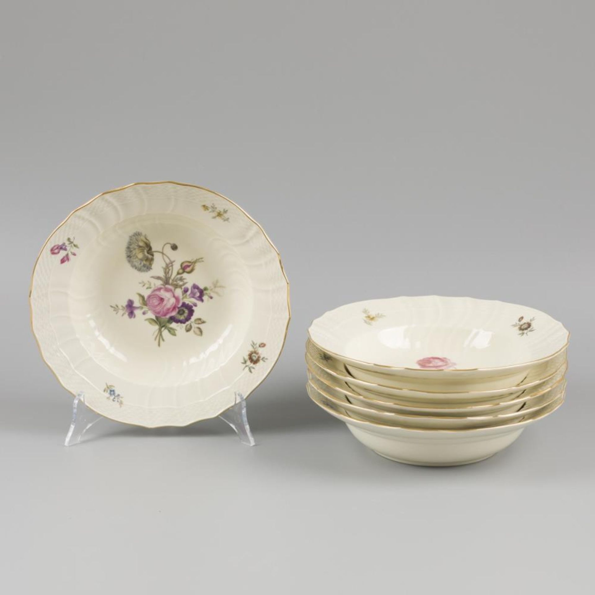 A set of (6) porcelain soup plates decorated with flowers, marked Royal Copenhagen. Denmark, 20th ce