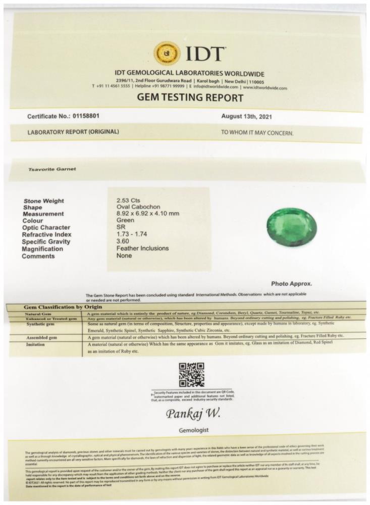 IDT Certified Natural Tsavorite Garnet Gemstone 2.53 ct. - Image 3 of 3