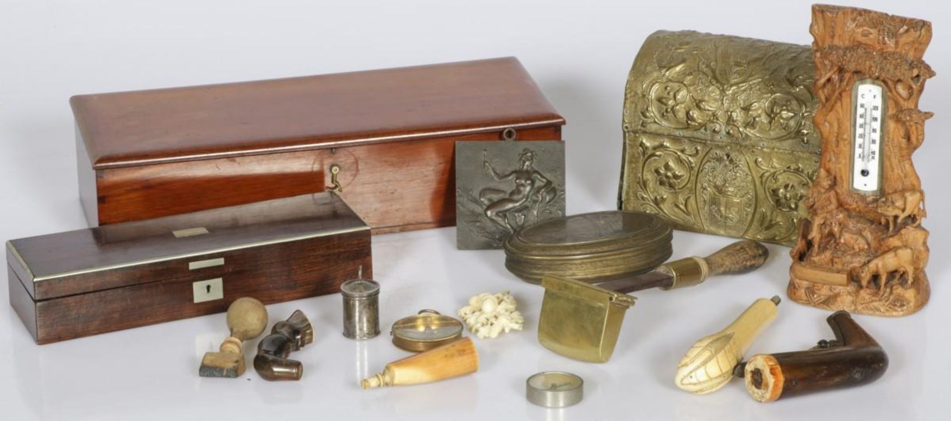 A lot comprising (2) boxes, parasol handles, a thermometer and various other objects.