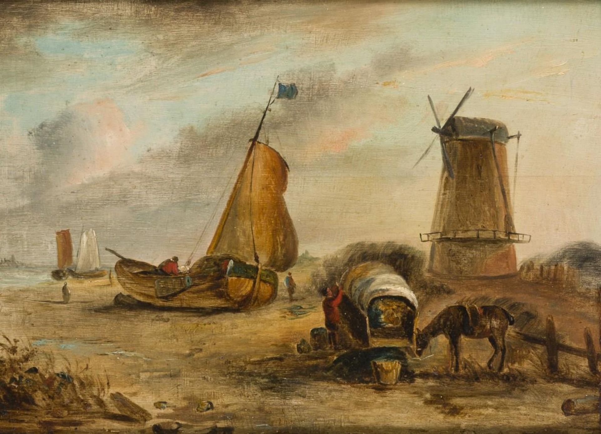 Dutch School, 19th / 20th. C., Fishing smacks on the banks.