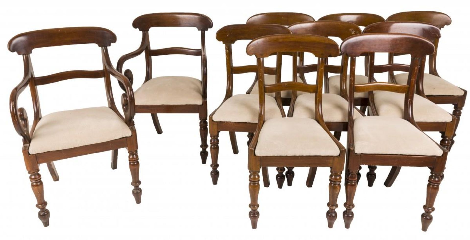 A set of 10 Regency style mahogany dining chairs with beige upholstery, two of which with arm rests.