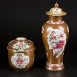 A porcelain famille rose lidded vase and lidded pot with capuchin fond. China, 18th century.