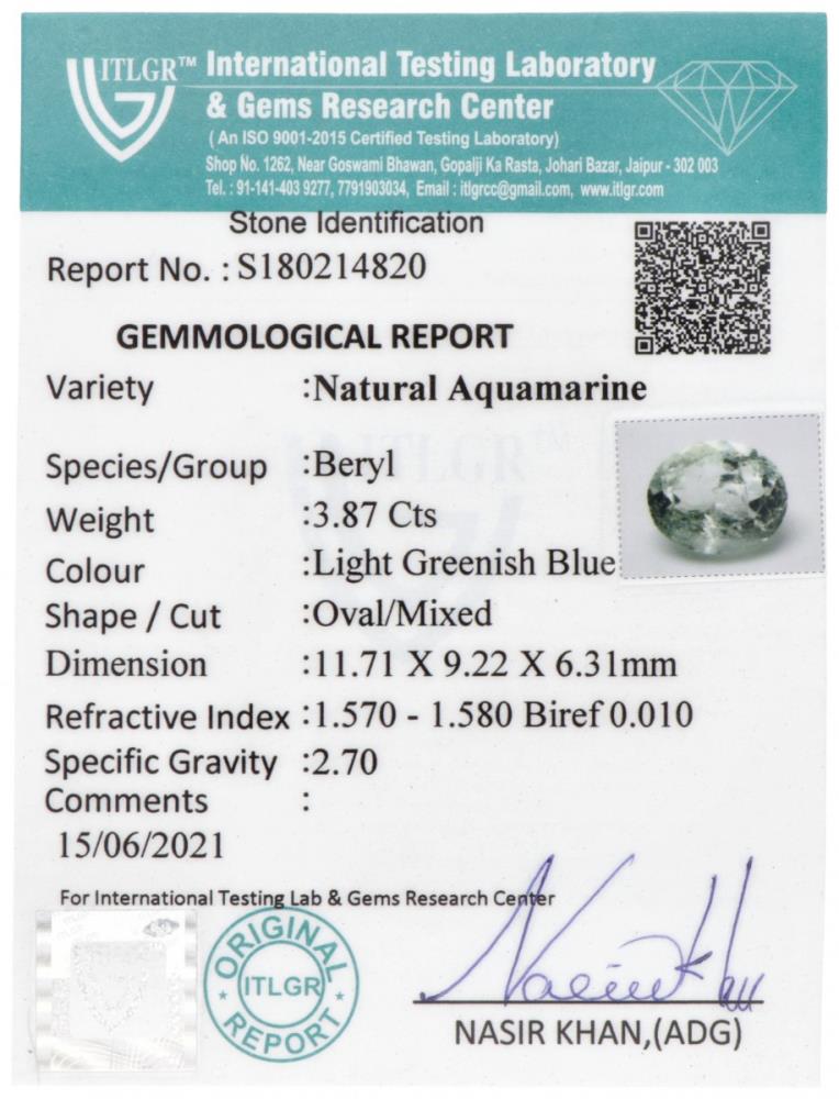 ITLGR Certified Natural Aquamarine Gemstone 3.87 ct. - Image 3 of 3