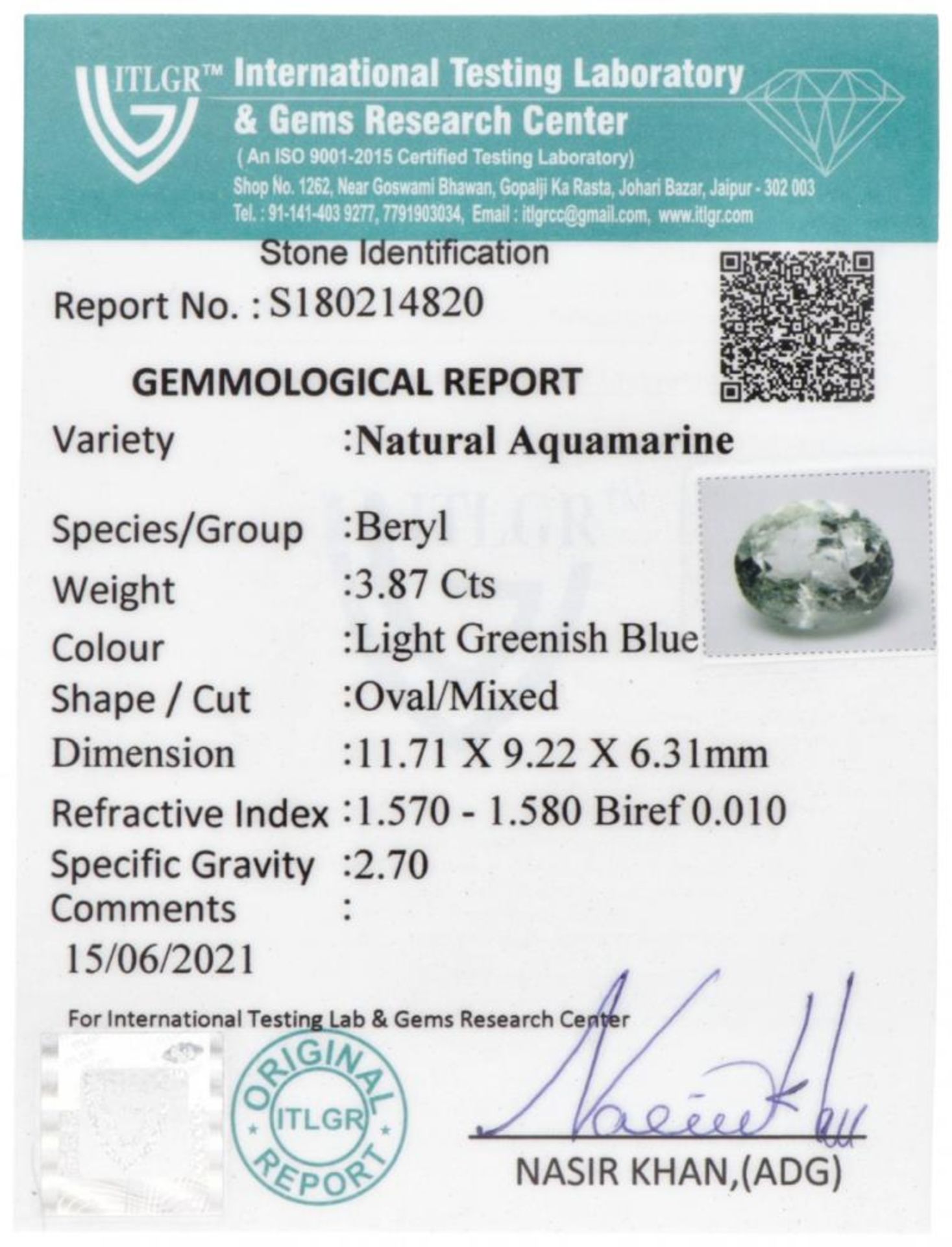 ITLGR Certified Natural Aquamarine Gemstone 3.87 ct. - Bild 3 aus 3
