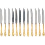 (12) piece set of fruit knives gilded silver.