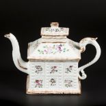 A porcelain famille rose teapot in the shape of a house. England, 19th century.
