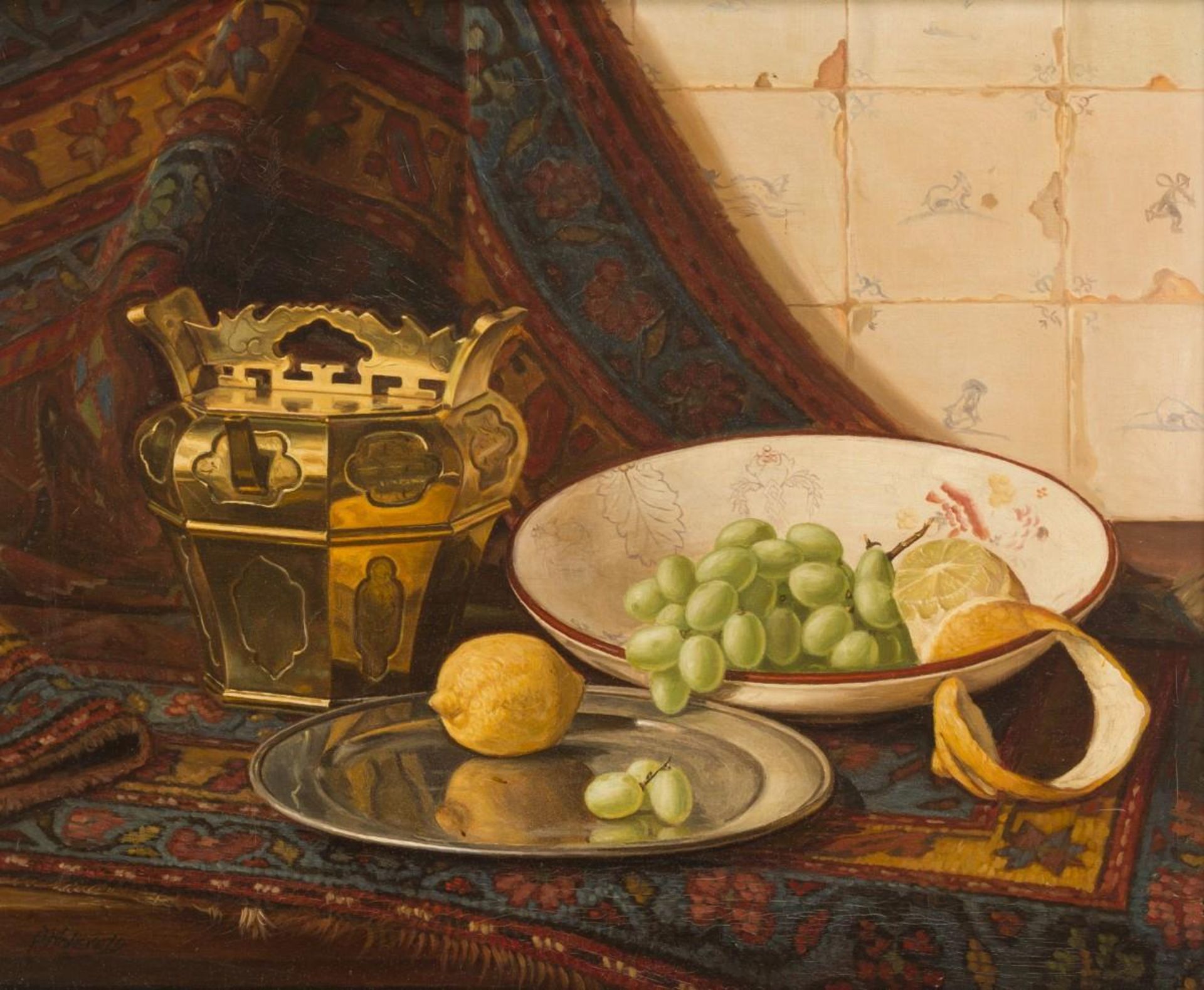 Piet Moleveld (Voorburg 1919 - 1976 Delft), Still life with copper and grapes on a table.
