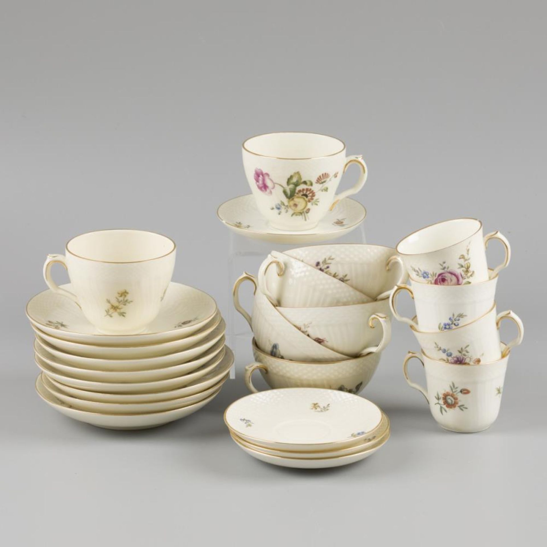 A lot of various porcelain decorated with flowers, marked Royal Copenhagen. Denmark, 20th century.