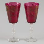 A (2) piece set marriage glasses of cut red glass, Belgium, ca. 1900.