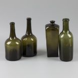 A lot comprising (4) various green glass bottles, Dutch, late 18th century and later.