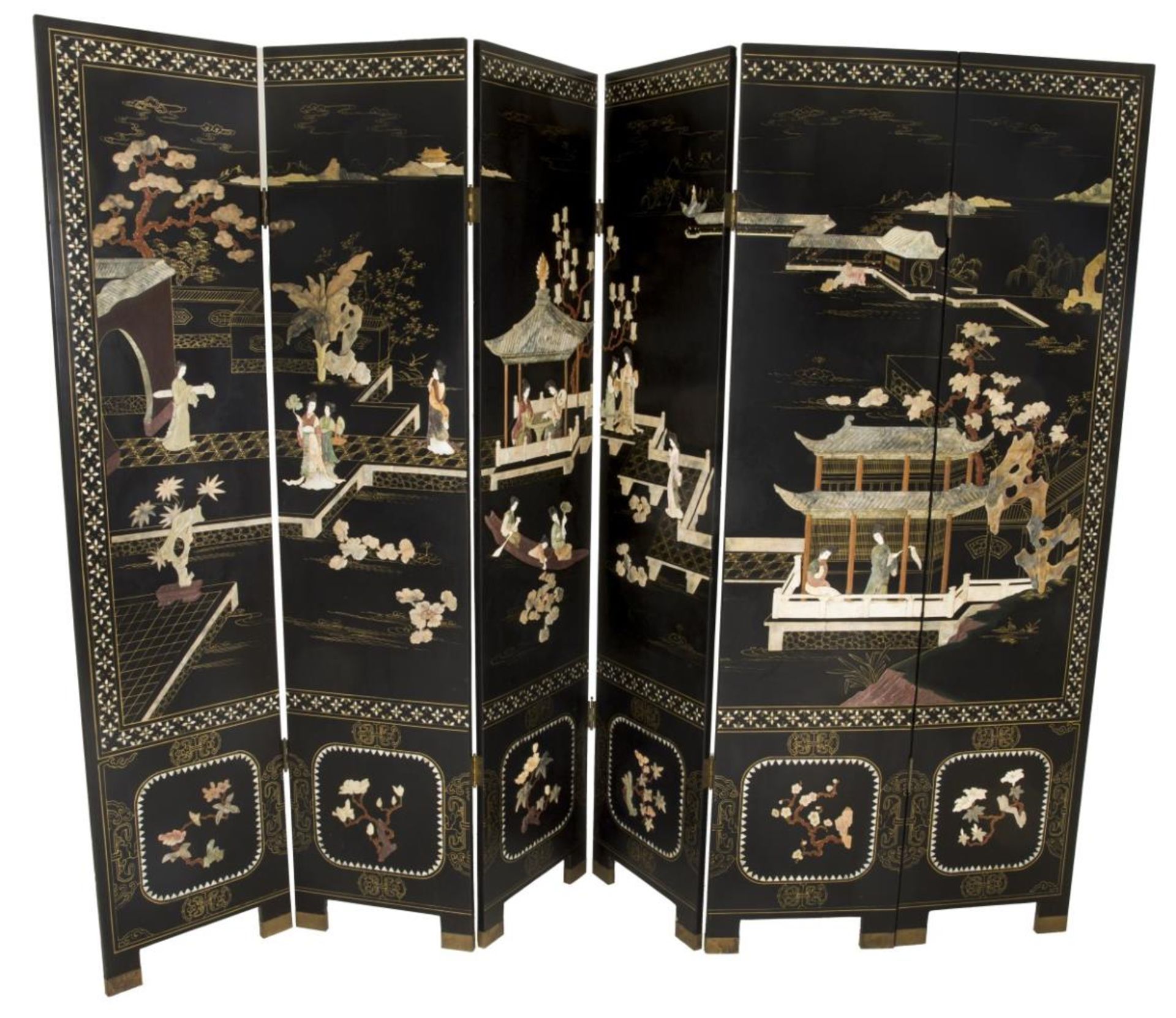 A six fold black laquered Chinese folding screen / paravente inlaid with soapstone and bone, various