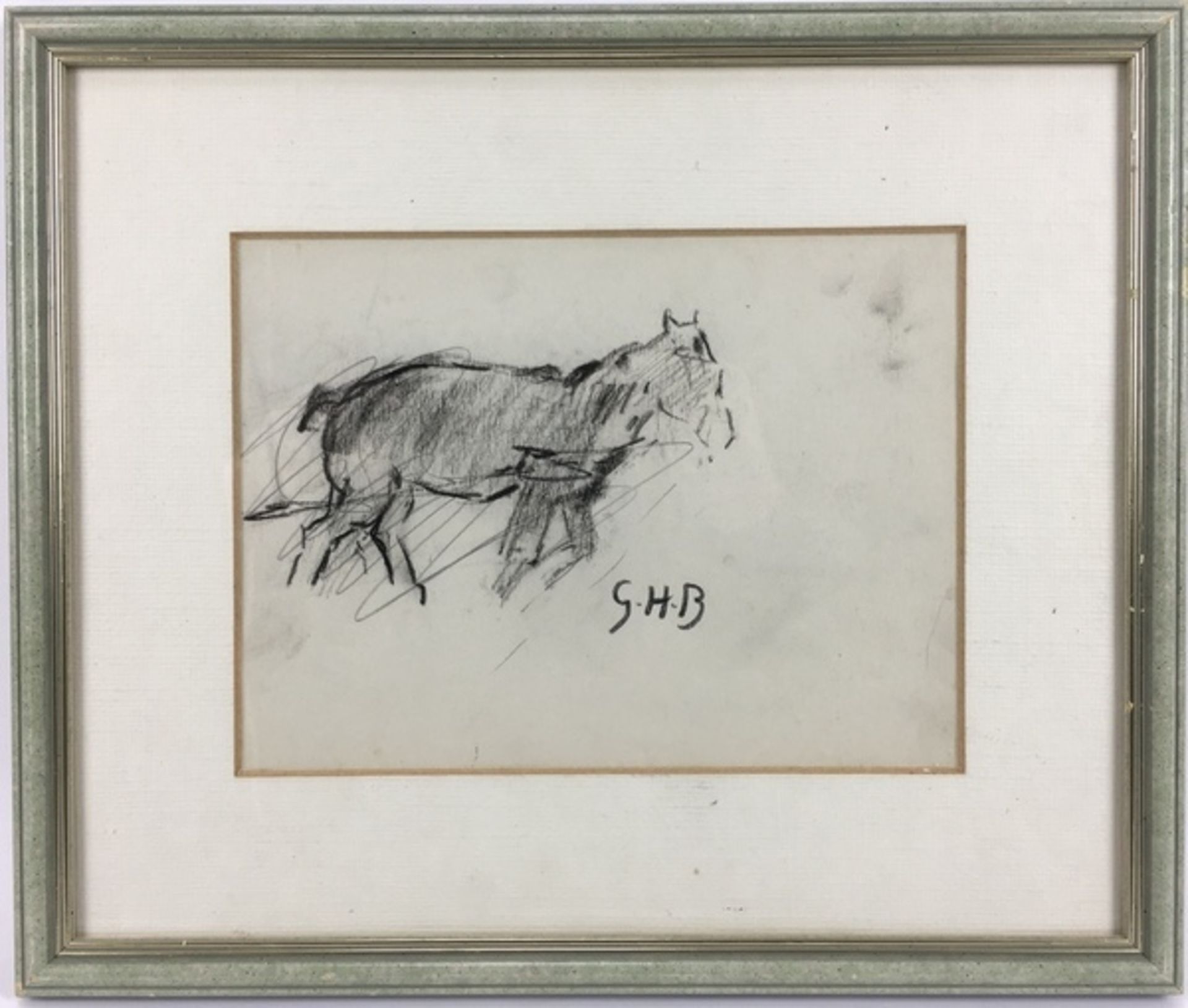 (Kunst) Tekening Tekening van een Belgisch trekpaard. Rechtsonder gesigneerd met initialen G.H.