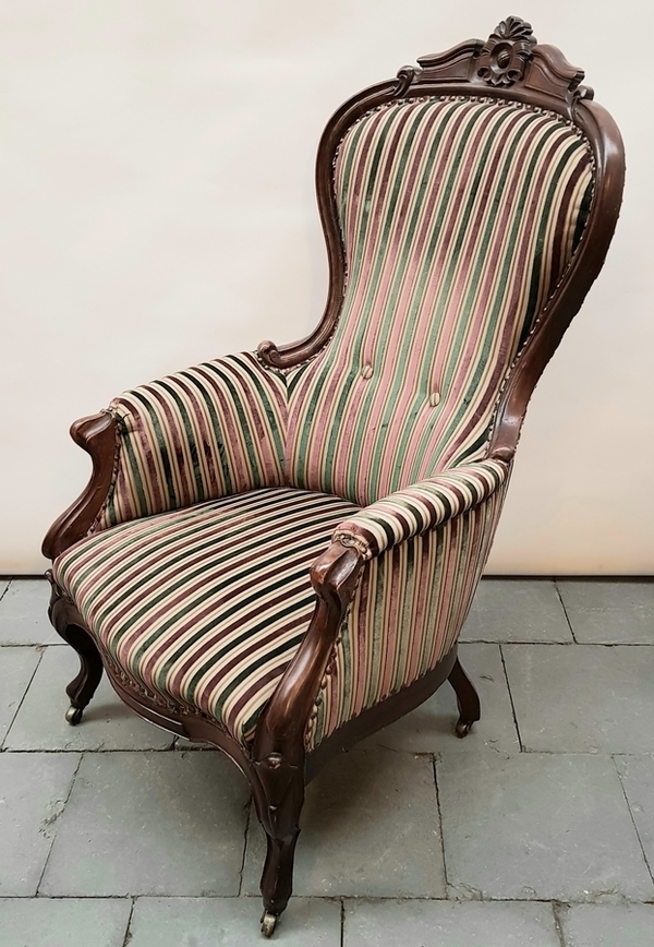 (Antiek) Fauteuil Mahoniehouten Beidermeier fauteuil met gestreepte bekleding en gestoken kroon - Image 3 of 4