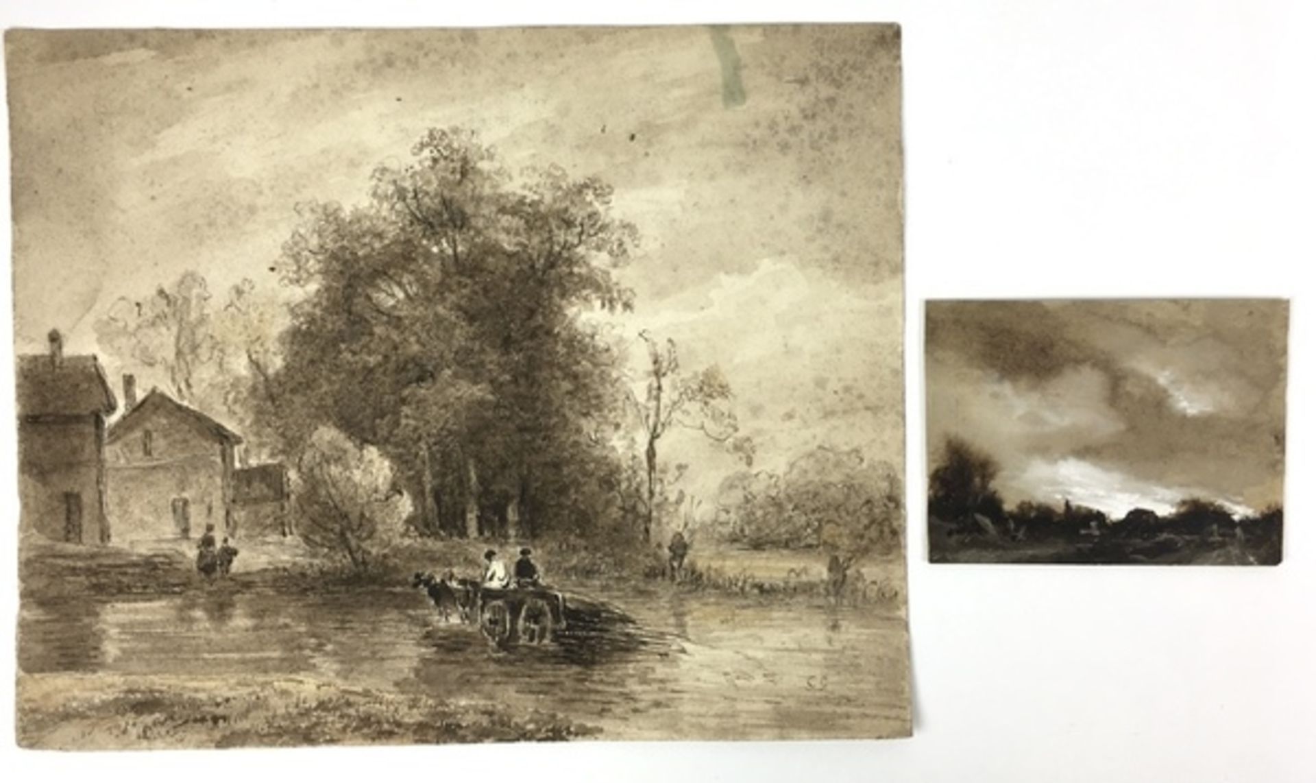 (Kunst) Aquarellen Twee aquarellen in sepia. Annotatie 6064 Jean Baptiste Camille Corot 1875.