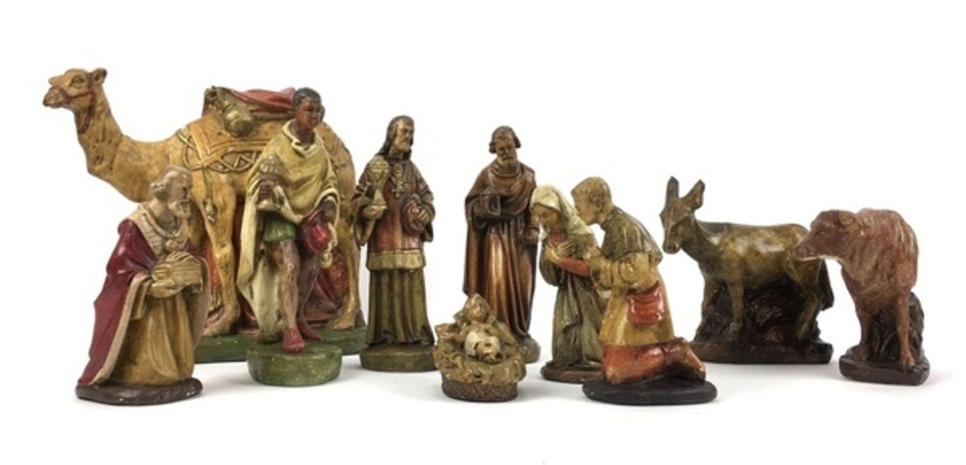 (Curiosa) Kerststal figuren Tien gipsen kerststal figuren, midden 20e eeuw. Conditie: In goede