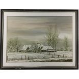 (Kunst) Aquarel, J. Huisman Aquarel, boerderij in de winter. Rechtsonder gesigneerd en gedateer