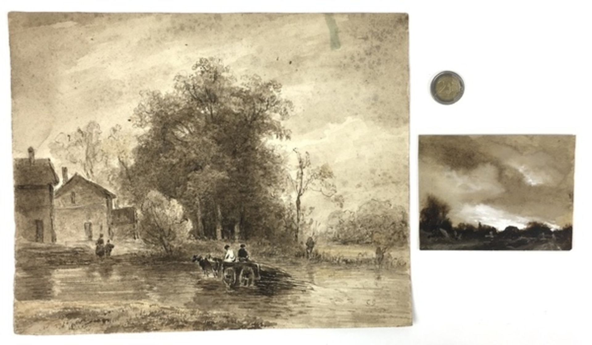 (Kunst) Aquarellen Twee aquarellen in sepia. Annotatie 6064 Jean Baptiste Camille Corot 1875. - Image 4 of 6