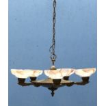 (Art Deco) Hanglamp Art Deco hanglamp, gepatineerd messing met gemarmerde glazen kappen. Circa